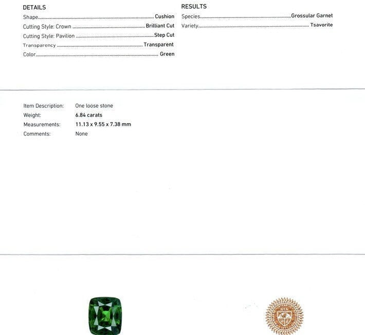 IGI Certified KENYA Tsavorite Garnet 6.84 Cts Natural Untreated Cushion Cut Anniversary Gift For Love