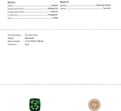 IGI Certified KENYA Tsavorite Garnet 6.84 Cts Natural Untreated Cushion Cut Anniversary Gift For Love