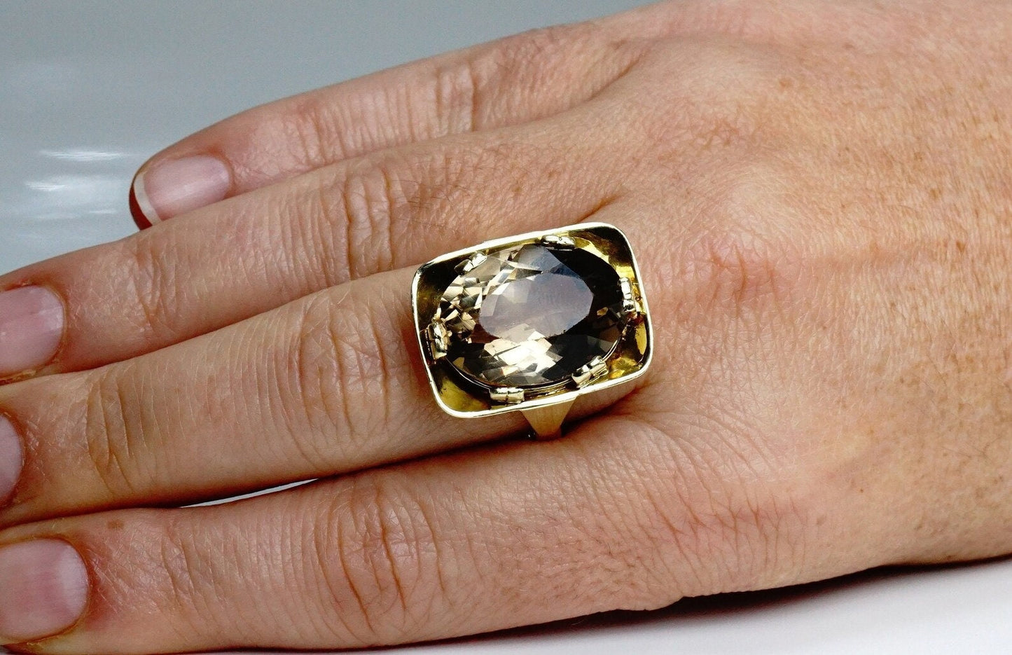 RESERVED for RAQUEL - Mid Century Modernist 14k Yellow Gold Smokey Quartz Ring Anniversary Gift For Love