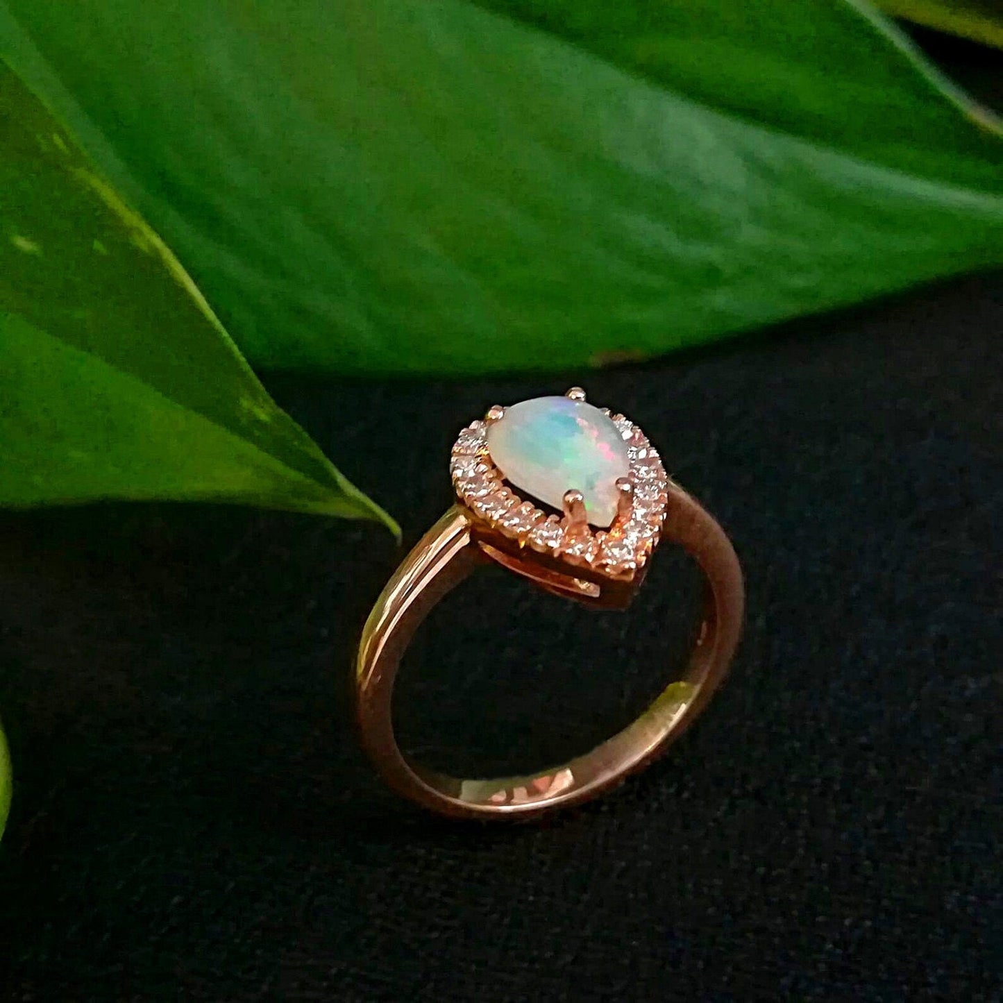 Certified Natural Australian Opal Ring  halo engagement ring 18k rose gold, pear shaped Anniversary Gift For Love