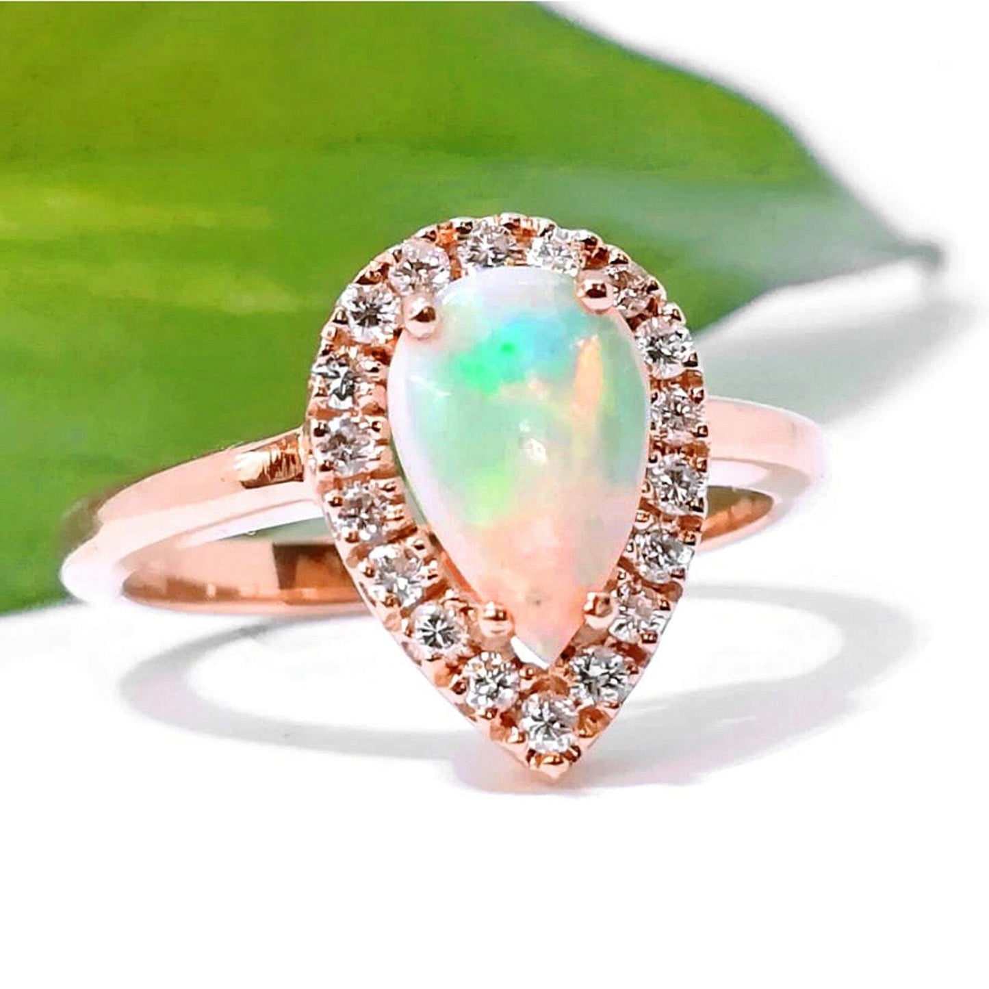 Certified Natural Australian Opal Ring  halo engagement ring 18k rose gold, pear shaped Anniversary Gift For Love