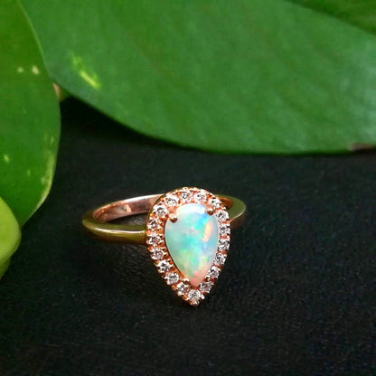 Certified Natural Australian Opal Ring  halo engagement ring 18k rose gold, pear shaped Anniversary Gift For Love