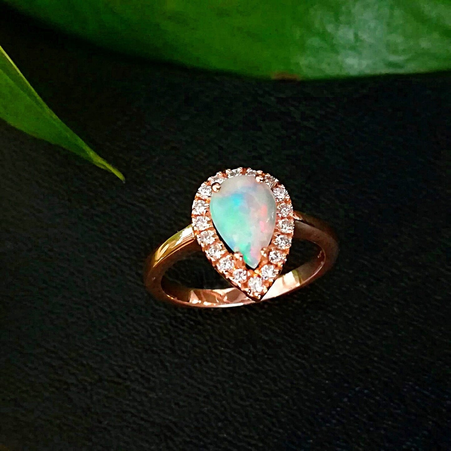 Certified Natural Australian Opal Ring  halo engagement ring 18k rose gold, pear shaped Anniversary Gift For Love