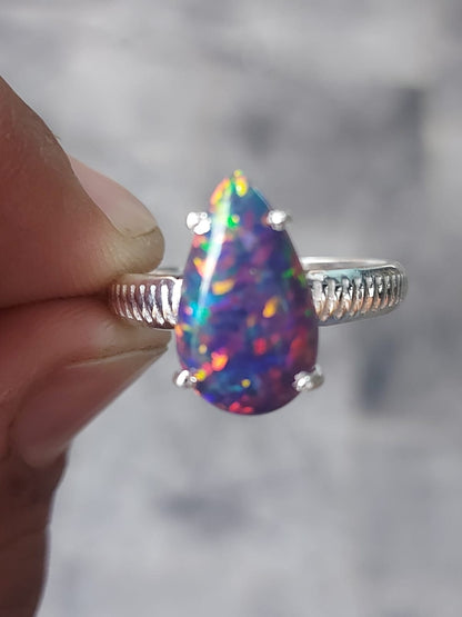 Natural  Black opal 7.25 Ct. pear Cut Ethiopian Opal S.S. Honeycomb Ring, OCTOBER BIRTHSTONE Ring Astrology Ring