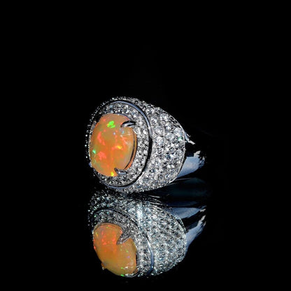 5.75 Ct Natural Oval Unheated Untreated Multi-Color White Opal Ethiopia Silver Ring