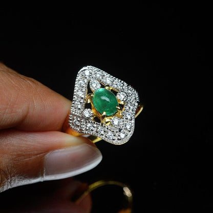 1.25ct Natural Cabochon Untreated Green Zambia Emerald Ring 18k Yellow Gold Ring For love