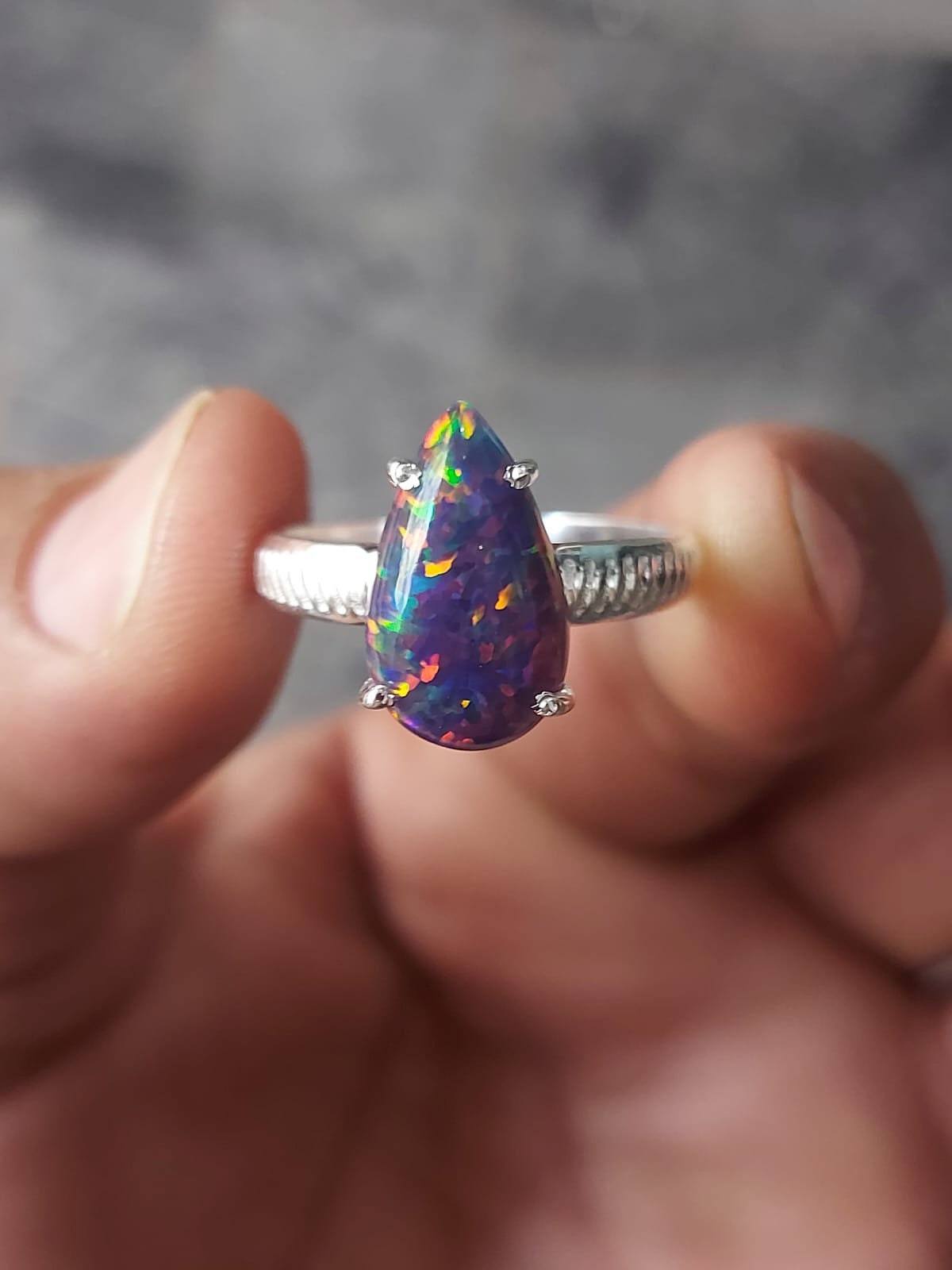 Natural  Black opal 7.25 Ct. pear Cut Ethiopian Opal S.S. Honeycomb Ring, OCTOBER BIRTHSTONE Ring Astrology Ring