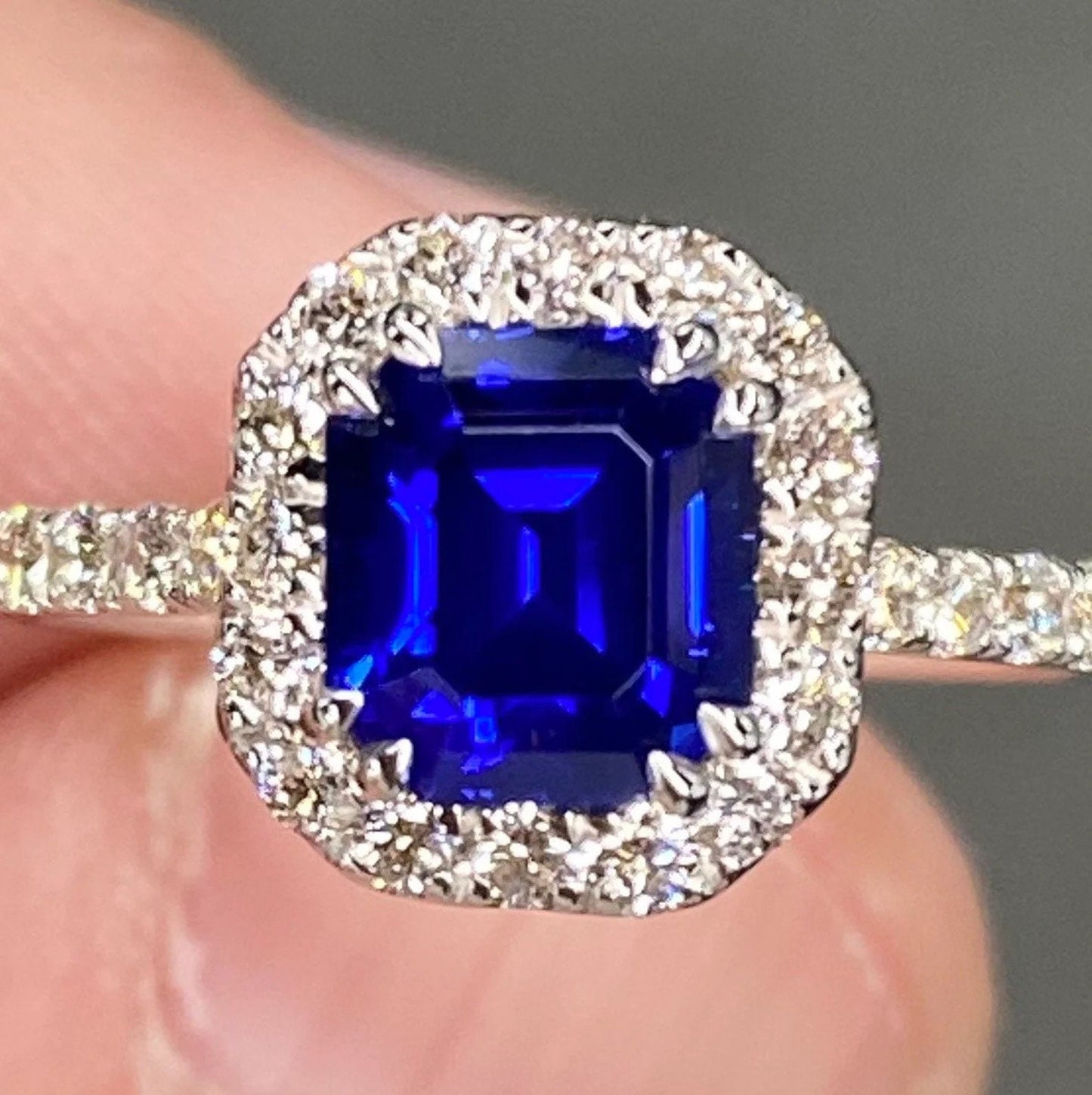 Exceptional IGI 3 Ctw “Royal Blue” Ceylon Sapphire & VVS Diamond Ring 18K White Gold Emerald Cut Pave Engagement Anniversary