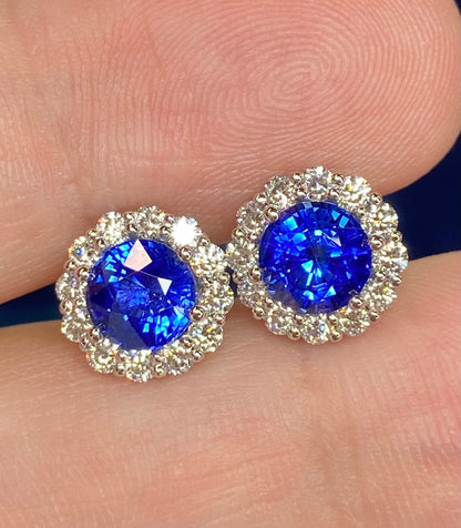 Exceptional IGI Natural 3.6 Ctw Vivid Blue Ceylon Sapphire & VVS Diamond Round Earrings 18K White Gold Halo Stud Cluster