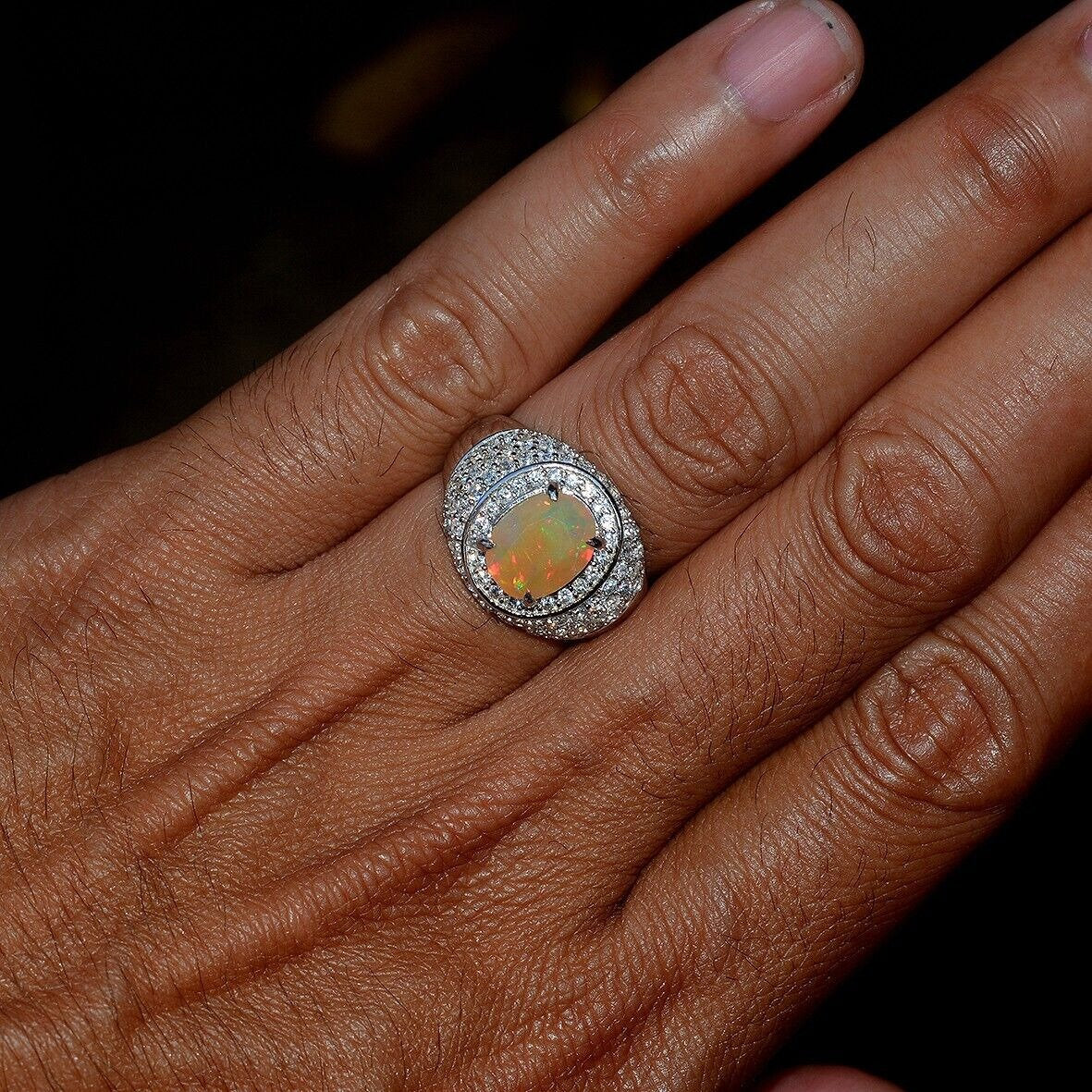 5.75 Ct Natural Oval Unheated Untreated Multi-Color White Opal Ethiopia Silver Ring