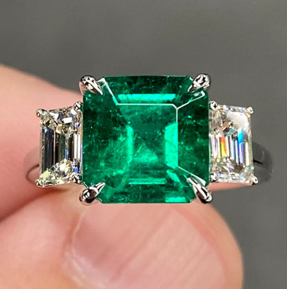 Exceptional IGI 4.3 Ctw Top Green Colombian Emerald & Moissanite 18k White Gold Ring Vivid Three Stone Engagement Cocktail Ring