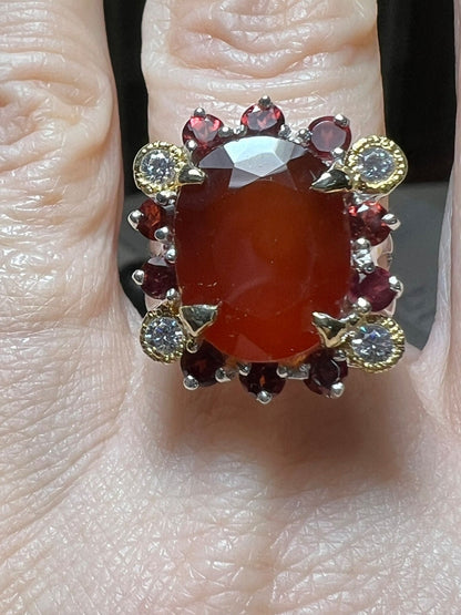 Rare Natural 7.8CT Hessonite Garnet & Diamond 18K White Gold Ring Oval Stone Natural Statement Engagement Ring