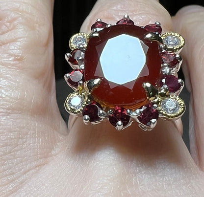 Rare Natural 7.8CT Hessonite Garnet & Diamond 18K White Gold Ring Oval Stone Natural Statement Engagement Ring