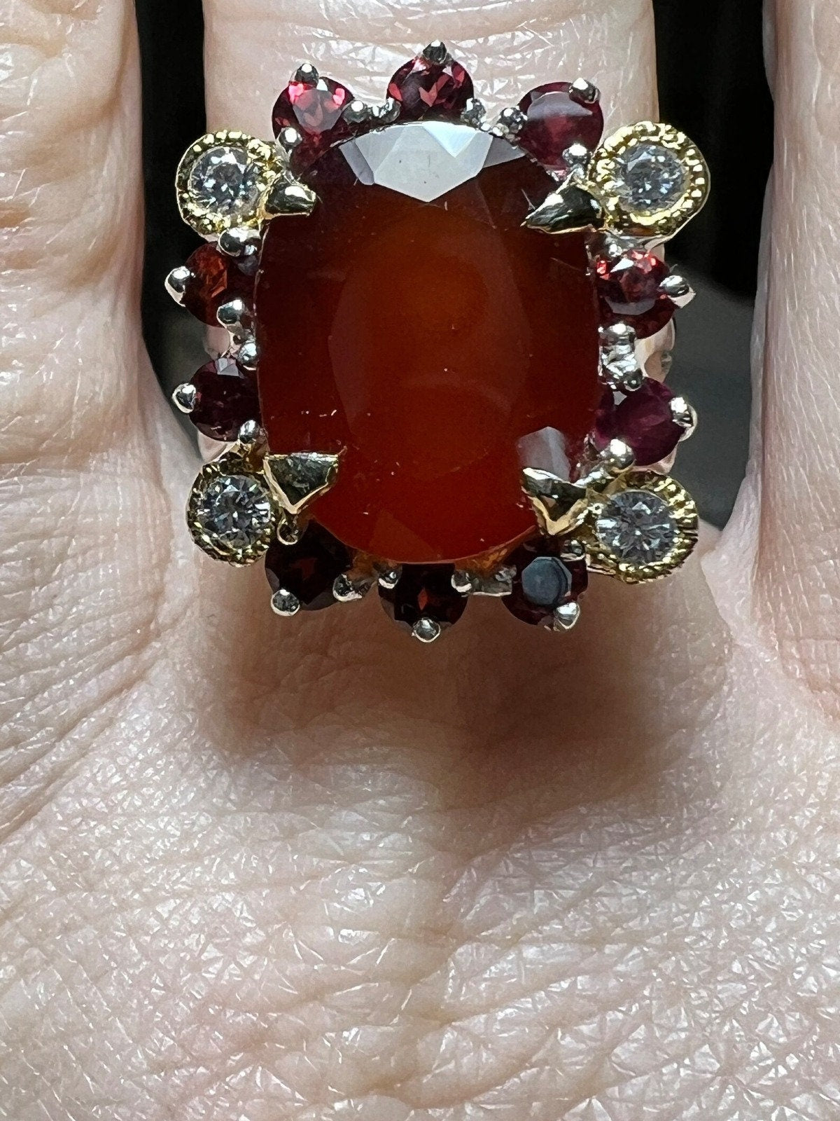 Rare Natural 7.8CT Hessonite Garnet & Diamond 18K White Gold Ring Oval Stone Natural Statement Engagement Ring