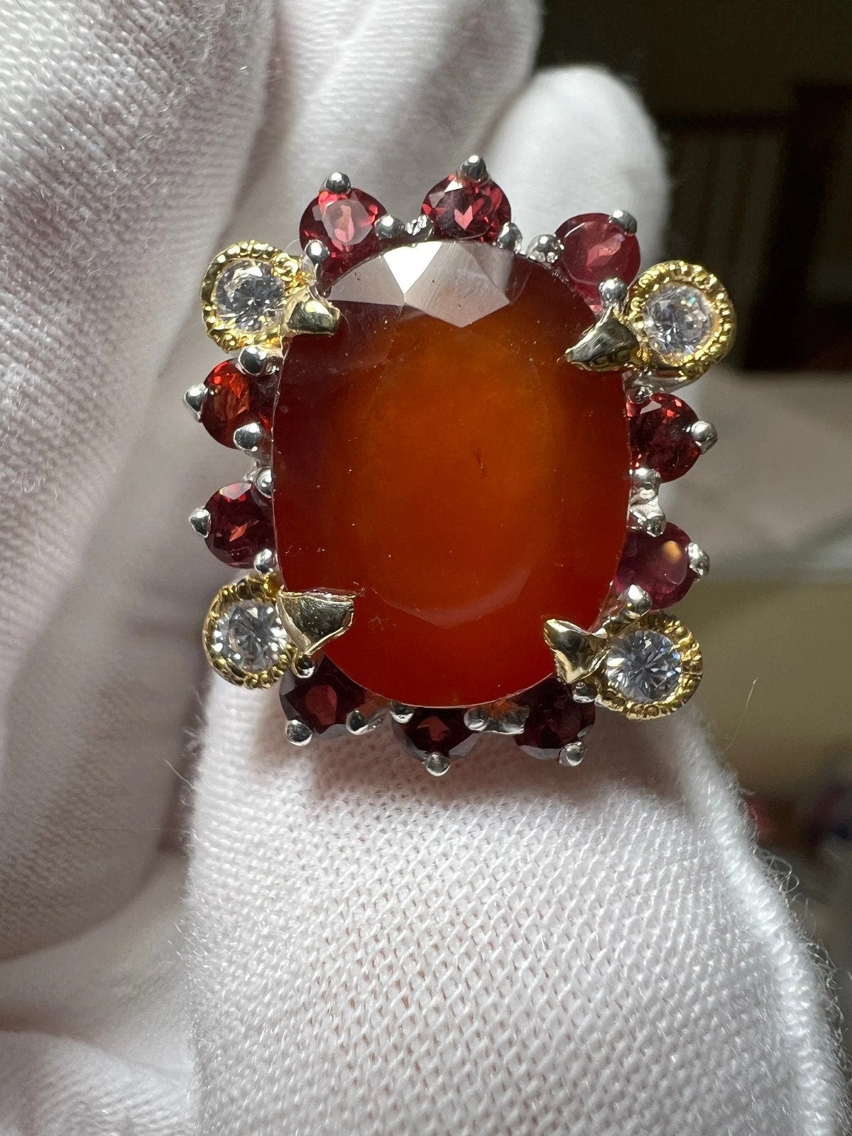 Rare Natural 7.8CT Hessonite Garnet & Diamond 18K White Gold Ring Oval Stone Natural Statement Engagement Ring