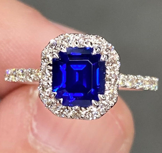 Exceptional IGI 3 Ctw “Royal Blue” Ceylon Sapphire & VVS Diamond Ring 18K White Gold Emerald Cut Pave Engagement Anniversary