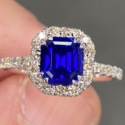 Exceptional IGI 3 Ctw “Royal Blue” Ceylon Sapphire & VVS Diamond Ring 18K White Gold Emerald Cut Pave Engagement Anniversary