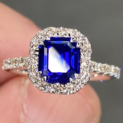 Exceptional IGI 3 Ctw “Royal Blue” Ceylon Sapphire & VVS Diamond Ring 18K White Gold Emerald Cut Pave Engagement Anniversary