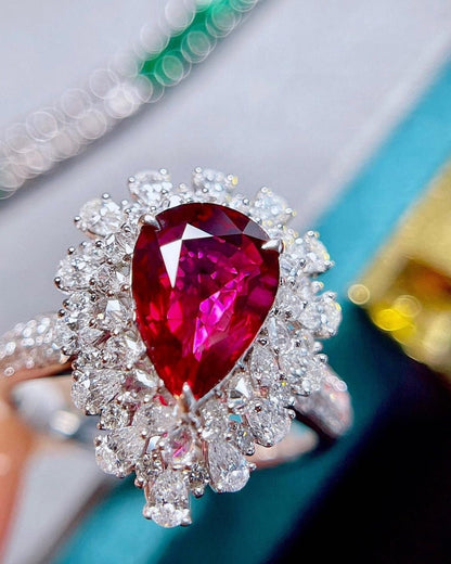 IGI Certified Natural Ruby Pear Cut Cocktail Ring In Natural Ruby And Diamond Ring 18k White Gold Engagement Ring For Love