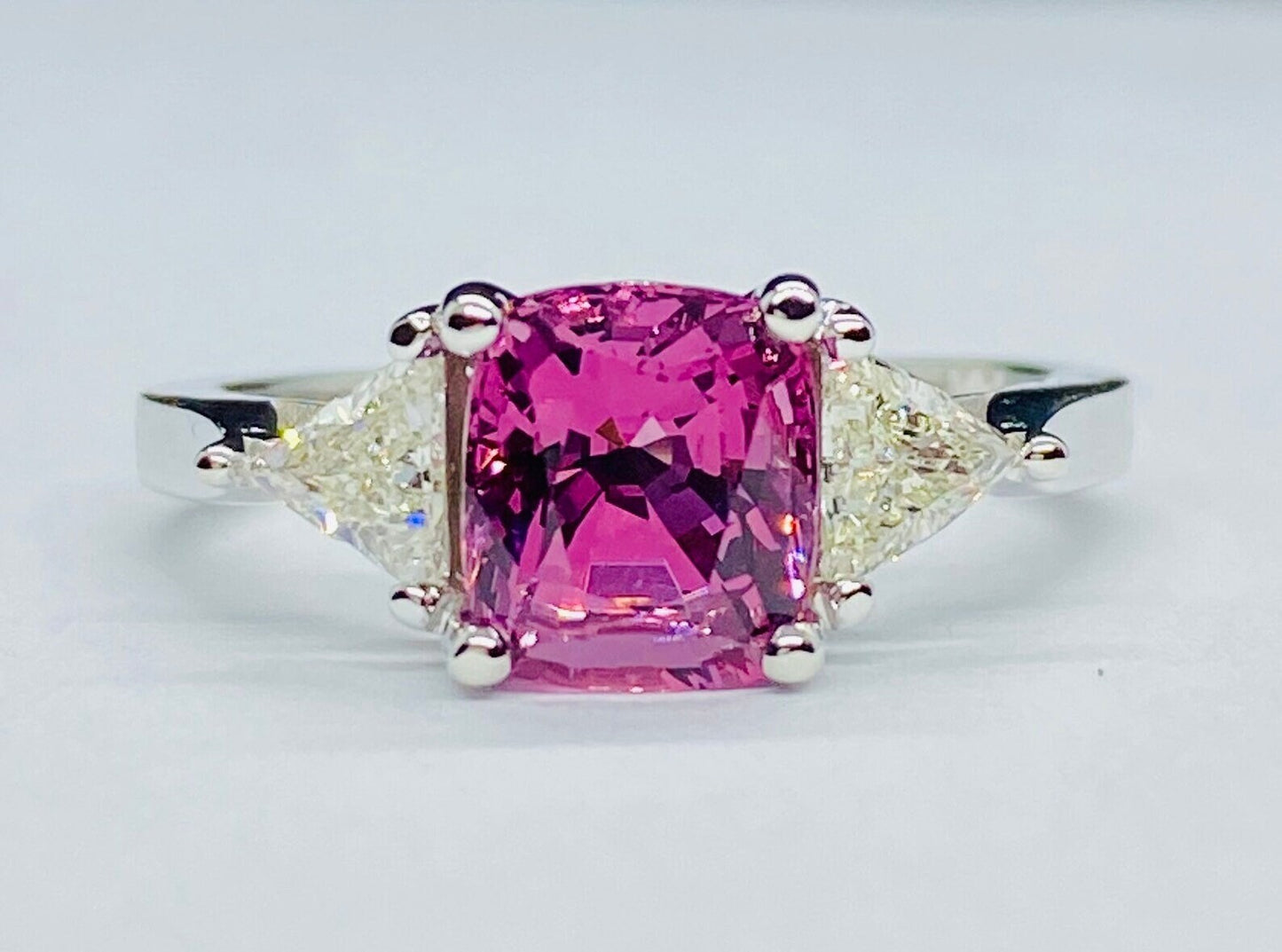 Gorgeous Natural Certified 3 Ct Mahenge Intense Pink Spinel & Diamond Three Stone Ring 18K White Gold gift For Love