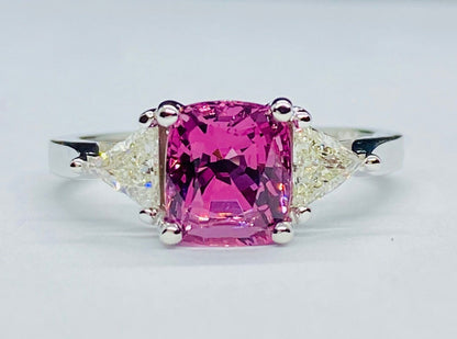 Gorgeous Natural Certified 3 Ct Mahenge Intense Pink Spinel & Diamond Three Stone Ring 18K White Gold gift For Love