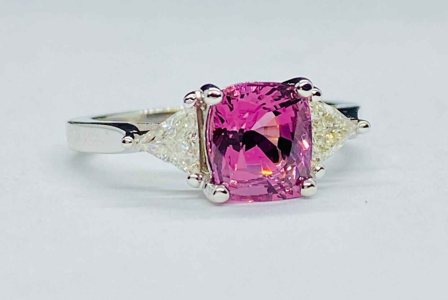 Gorgeous Natural Certified 3 Ct Mahenge Intense Pink Spinel & Diamond Three Stone Ring 18K White Gold gift For Love