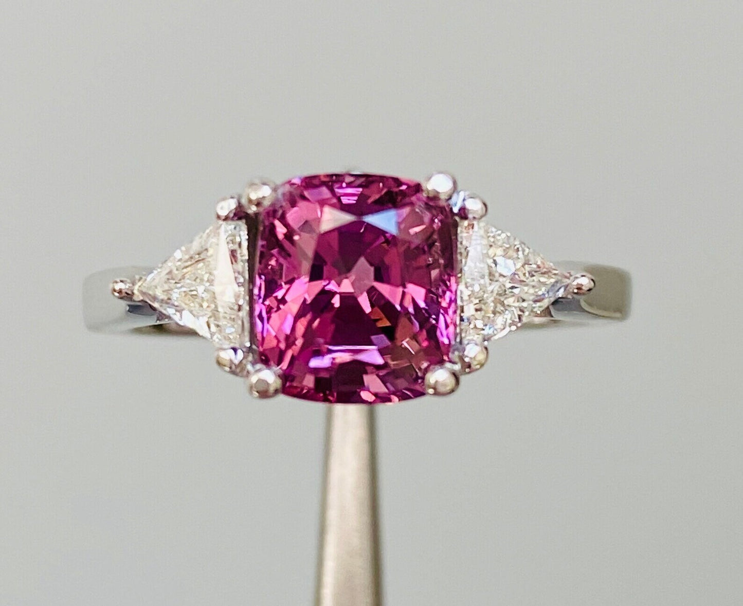 Gorgeous Natural Certified 3 Ct Mahenge Intense Pink Spinel & Diamond Three Stone Ring 18K White Gold gift For Love