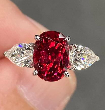 Incredible IGI 2.7 Ctw Vivid Blood Red Burmese Spinel & Diamond Ring 18K White Gold Three Stone Oval Cut