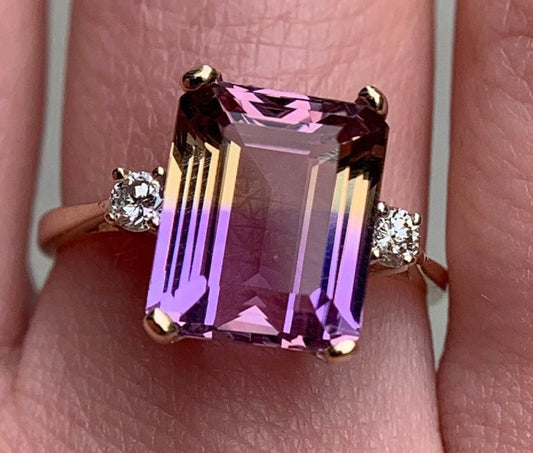 Natural Flawless 4.5 Ct Ametrine & Diamond Ring 14k Yellow Gold Cocktail, Statement, Anniversary, Engagement Stunning Ring