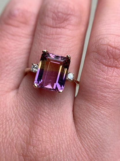 Natural Flawless 4.5 Ct Ametrine & Diamond Ring 14k Yellow Gold Cocktail, Statement, Anniversary, Engagement Stunning Ring