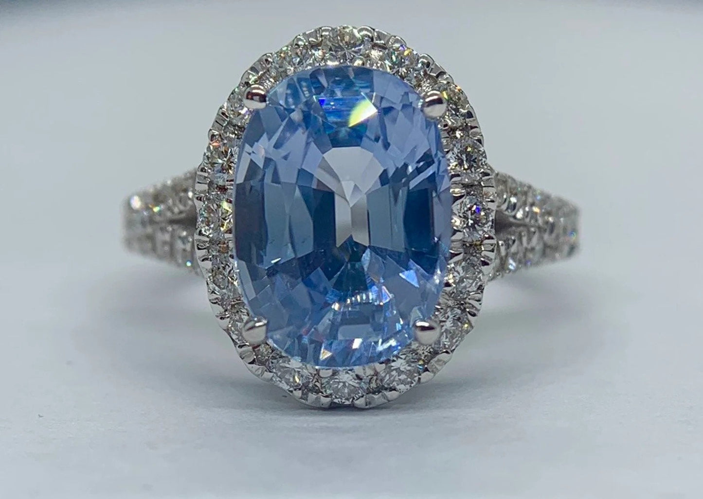 Exceptional IGI Certified No Heat 6 Ct Internally Flawless Blue Ceylon Sapphire & D VVS1 Diamond Ring 18k White Gold