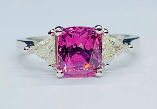 Gorgeous Natural Certified 3 Ct Mahenge Intense Pink Spinel & Diamond Three Stone Ring 18K White Gold gift For Love