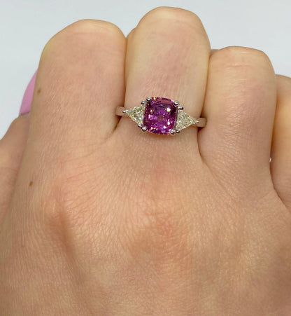 Gorgeous Natural Certified 3 Ct Mahenge Intense Pink Spinel & Diamond Three Stone Ring 18K White Gold gift For Love