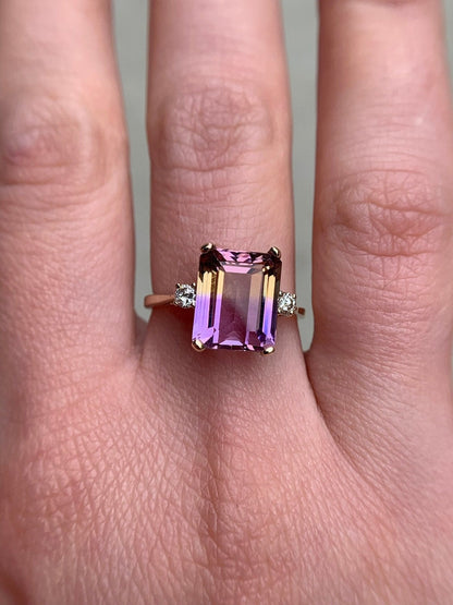 Natural Flawless 4.5 Ct Ametrine & Diamond Ring 14k Yellow Gold Cocktail, Statement, Anniversary, Engagement Stunning Ring