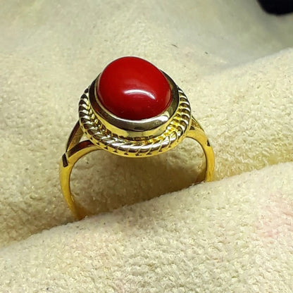 Natural Coral Ring-Oval Handmade Birthstone Ring For Unisex-Birthday Wedding Anniversary Gift For Her-Mother's Day Gift-Silver gold vermeil